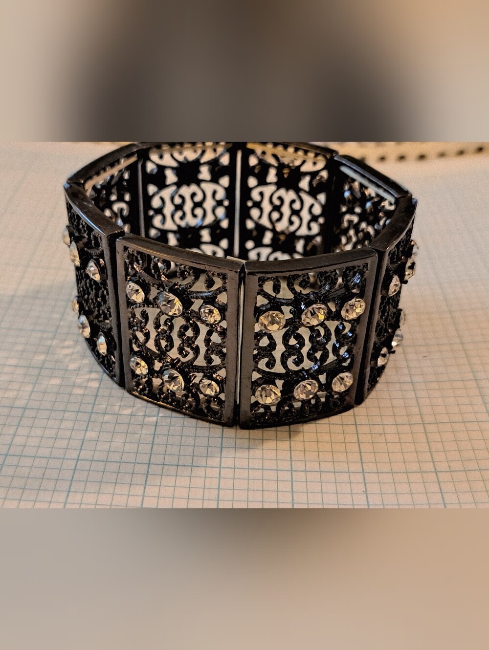 Gunmetak Tone Filigree Crystal Accent Bracelet - Black - Picture 5 of 7